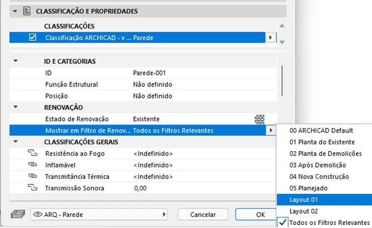 Propriedade de renovação do Archicad. Criação de opções de layout.